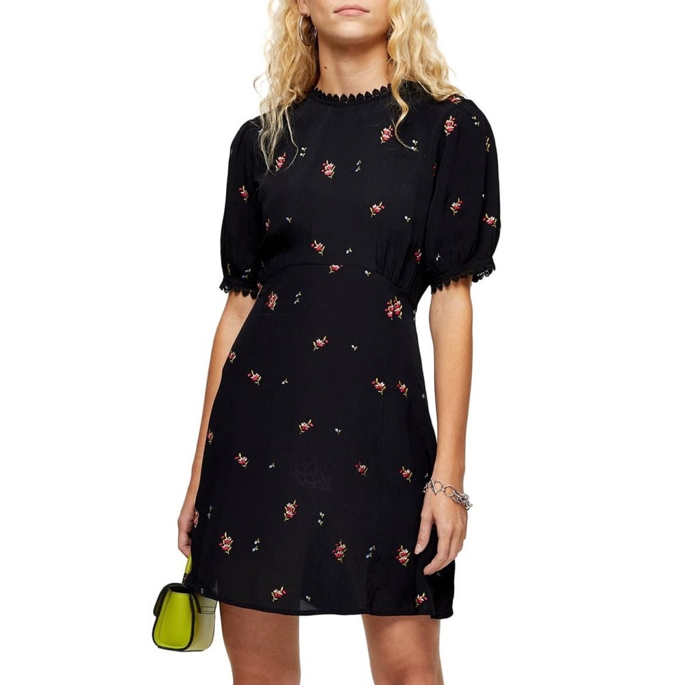 NWT Topshop Black Floral Skater Mini Dress US4
